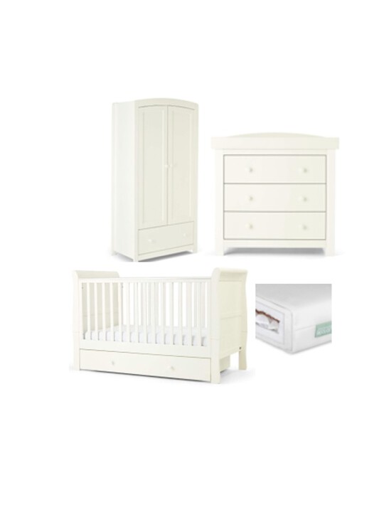 Mia 4 Piece Cotbed with Dresser Changer, Wardrobe, and Premium Dual Core Mattress Set - White image number 1